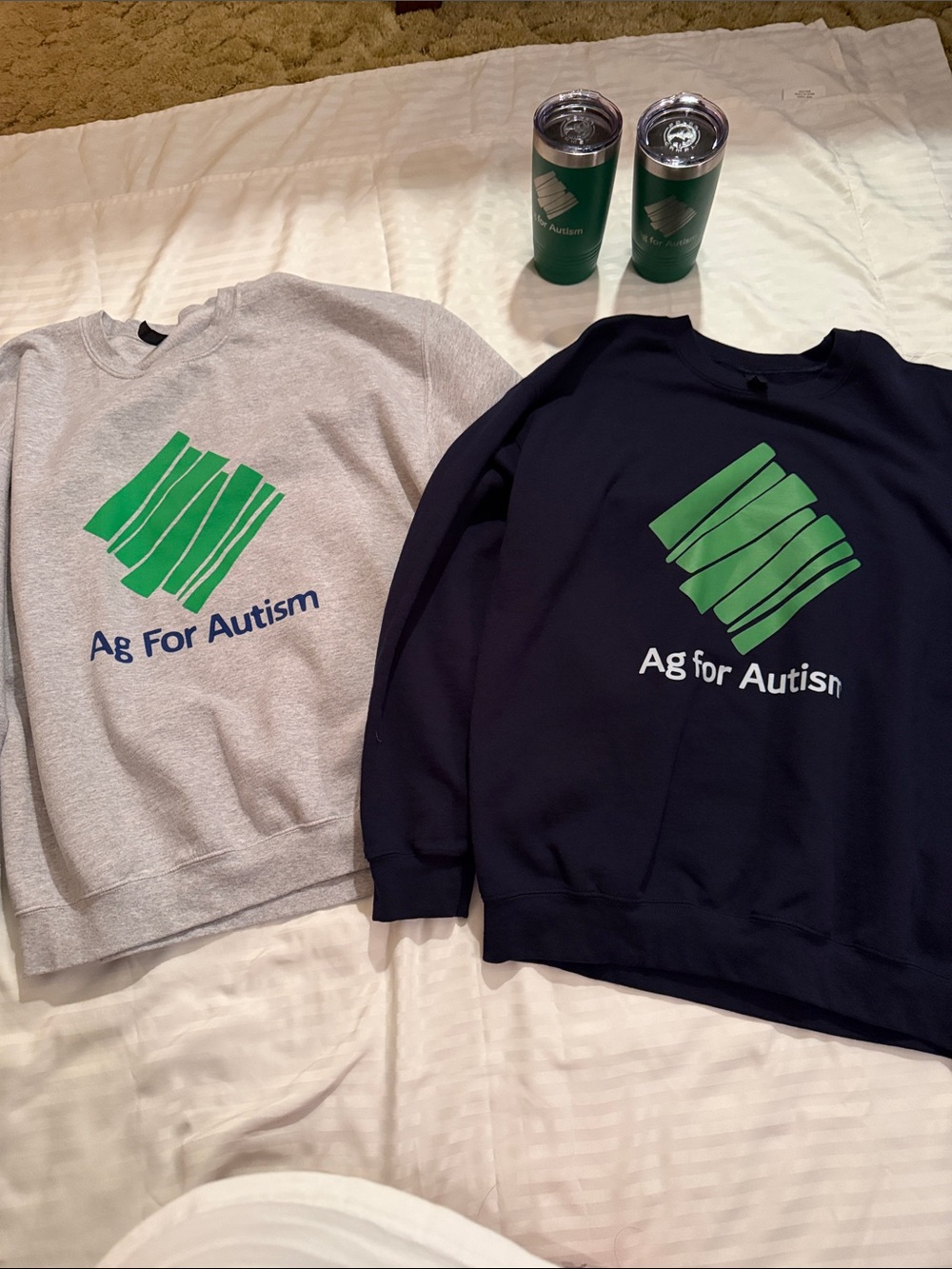 Ag For Autism Crewneck Gildan -Green Logo on Gray and Navy Sweatshirt & Tumblers